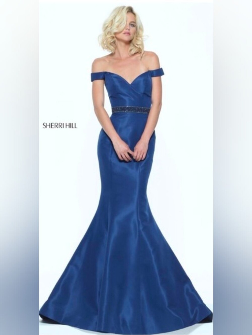Sherri Hill NWT Blue Off Shoulder Beaded Formal Ballgown Dress Size 2 #50950